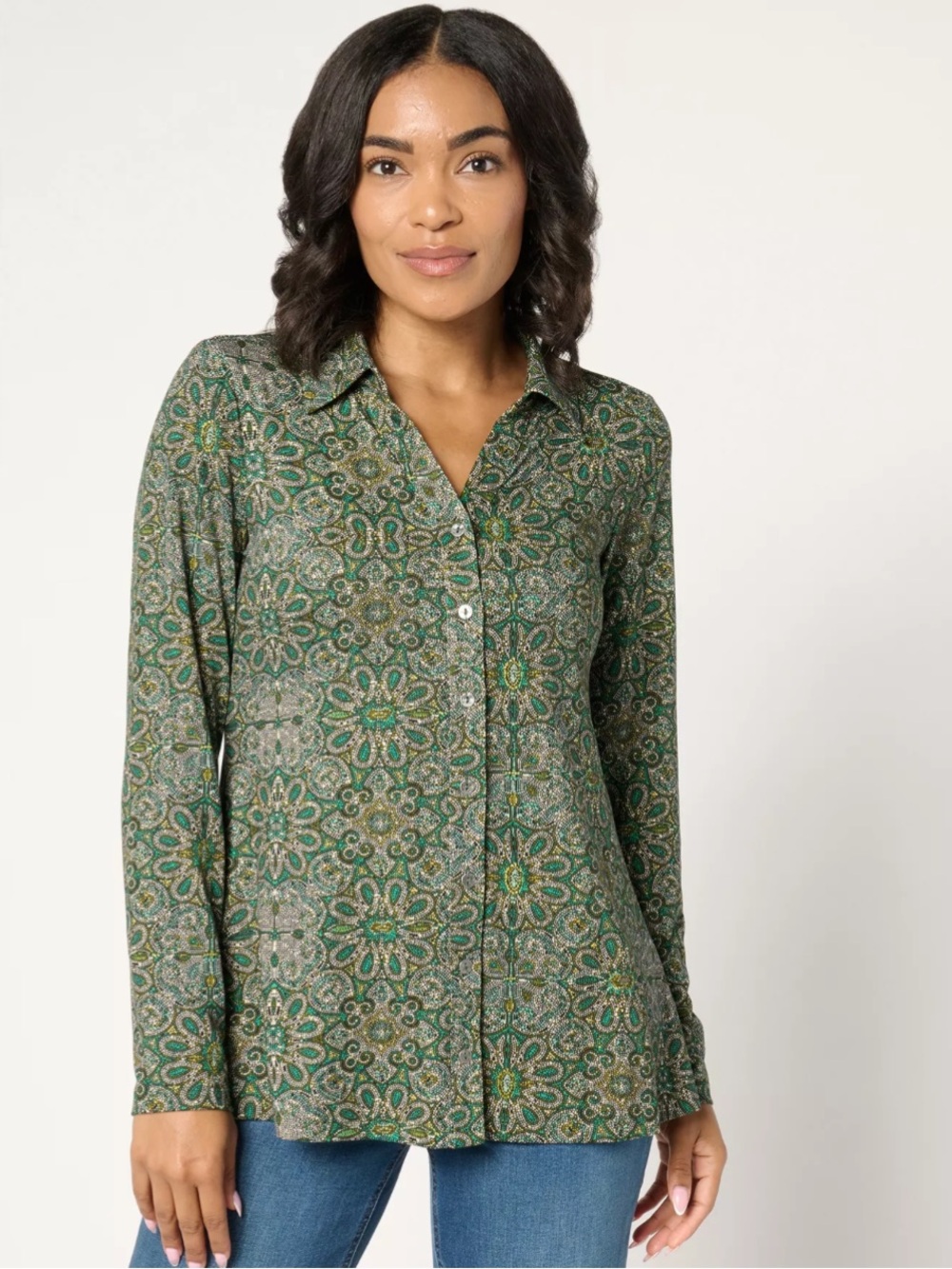 Susan Graver Liquid Knit Emerald Green A-line Long-Sleeve Top